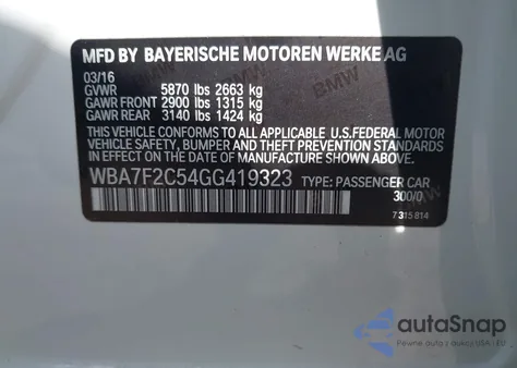 2016 BMW 750I xDrive from USA, damaged, VIN WBA7F2C54GG419323